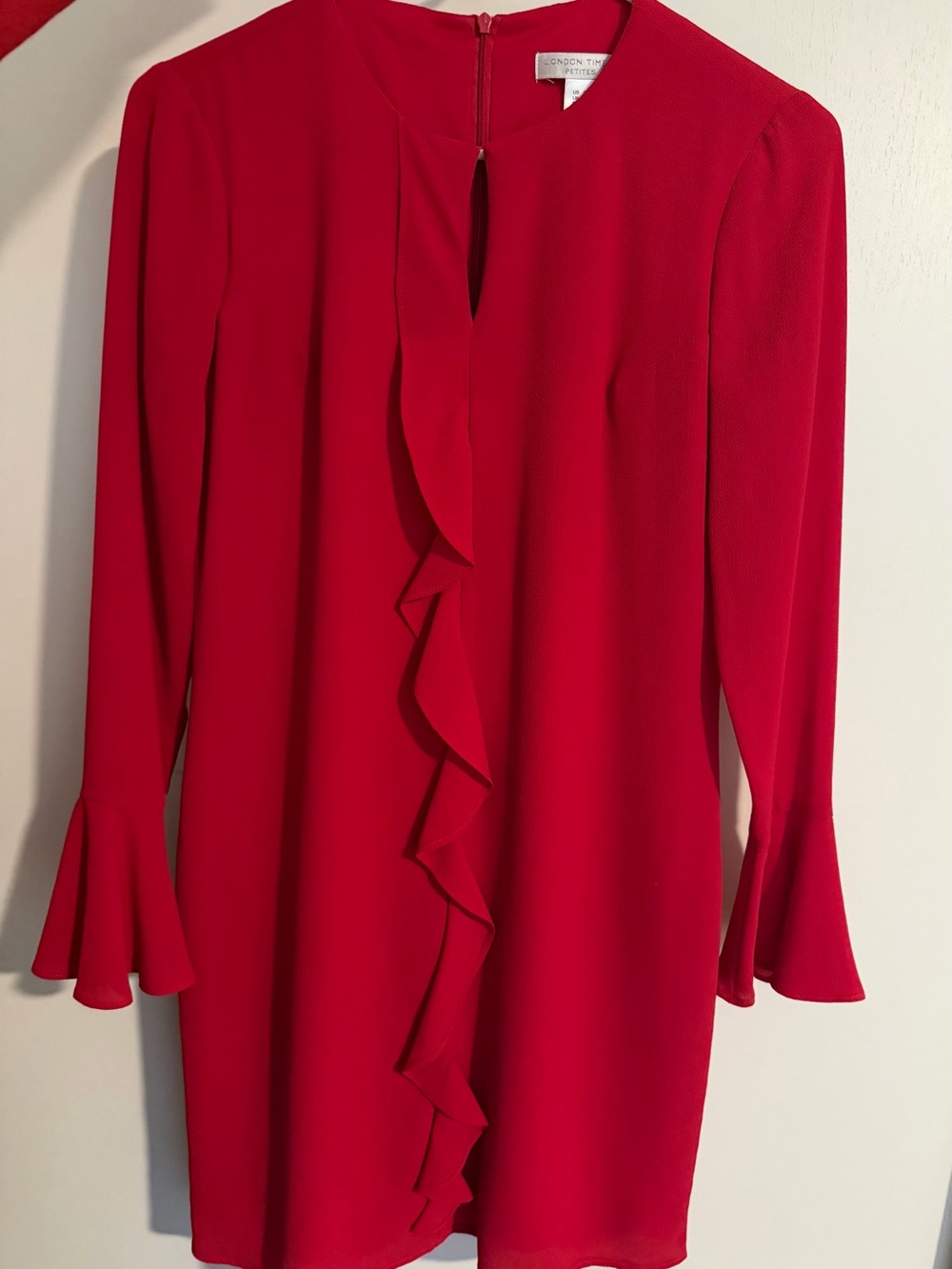 London Times Red Long Sleeve Dress with Ruffle Front